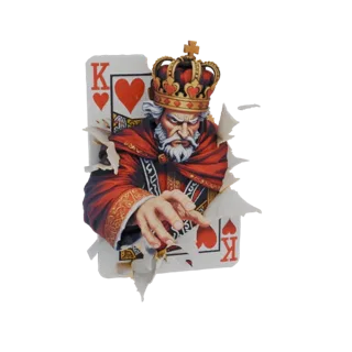 Modello 3D del personaggio Re di Cuori che irrompe attraverso una carta da gioco strappata, con espressione severa e abbiglia