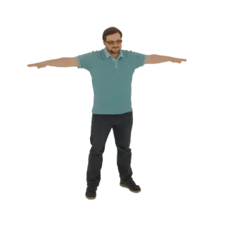3D model of a man in a teal polo shirt and dark pants, standing with arms outstretched in a T-pose against a white background