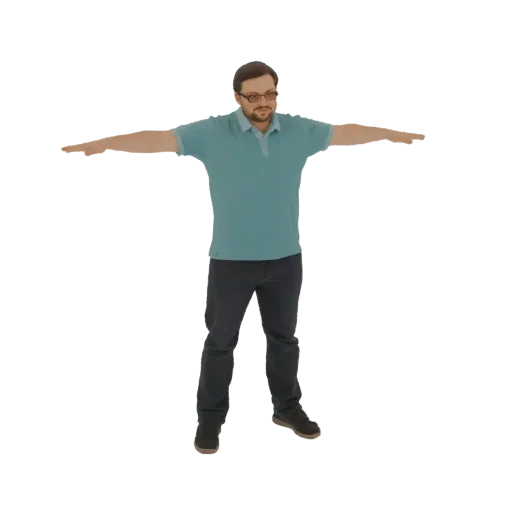 3D model of a man in a teal polo shirt and dark pants, standing with arms outstretched in a T-pose against a white background