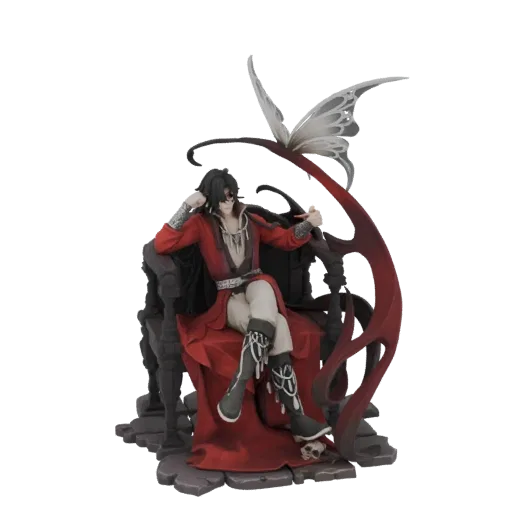 3D model of a gothic nobleman in a red robe, seated on a dark throne with a butterfly wing accent.