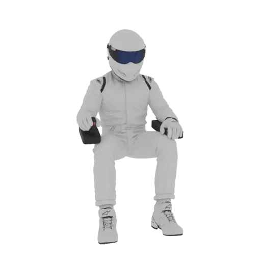 3D model of a racing driver in a white suit, seated and holding a joystick, against a white background.