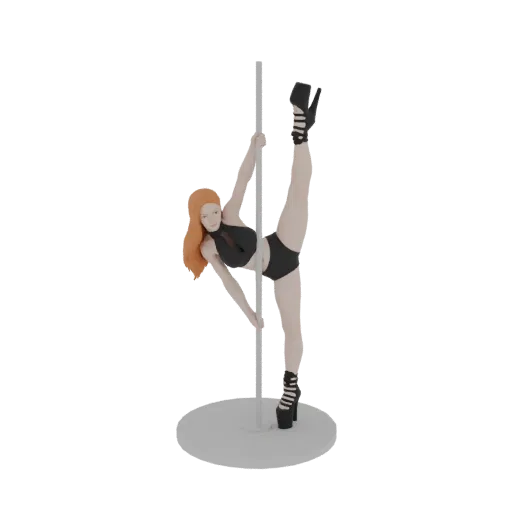 3D model of a female pole dancer with red hair in a split pose on a pole, wearing a black outfit and platform heels.