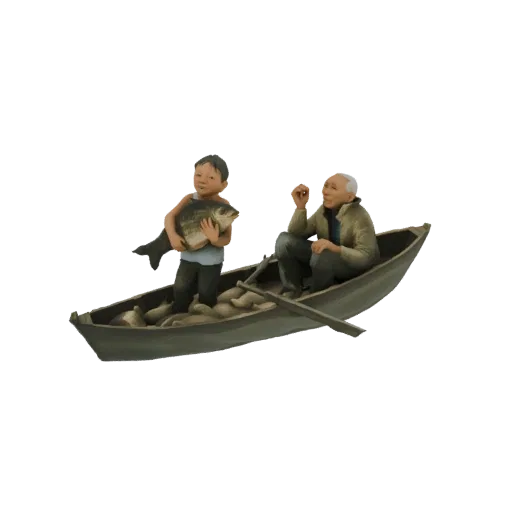 3D model of a young boy holding a large fish, with an elder fisherman in a rowboat filled with fish.