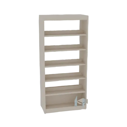 A 3D model of a tall, modern, light beige bookshelf with five shelves, viewed from the front.