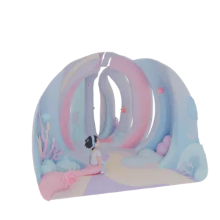 Uma renderização 3D de um túnel subaquático fantasioso com cores pastel, um caminho sinuoso e uma figura infantil a olhar par