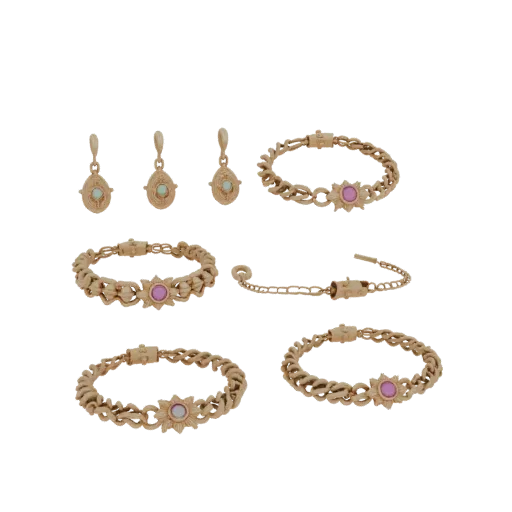 Gold Luxury Bracelet And Earring Set 3D model, isometric collectible display render, gold finish.