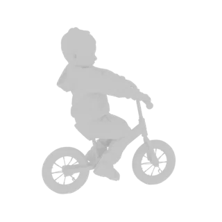 3D model of a toddler in a hoodie riding a balance bike, viewed from the side.
