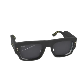 3D-Modell einer schwarzen rechteckigen Sonnenbrille mit goldenen Akzenten, von vorne betrachtet.