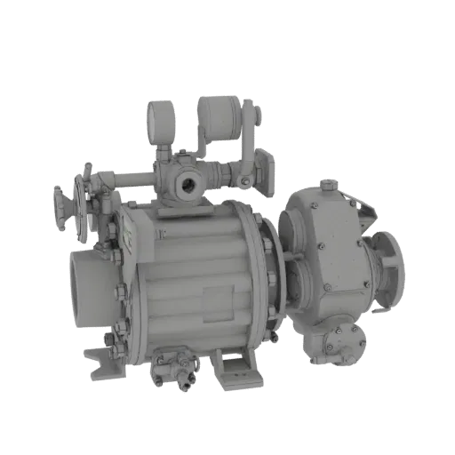 3D model of a gray industrial pump assembly with two pressure gauges and various pipes and flanges.