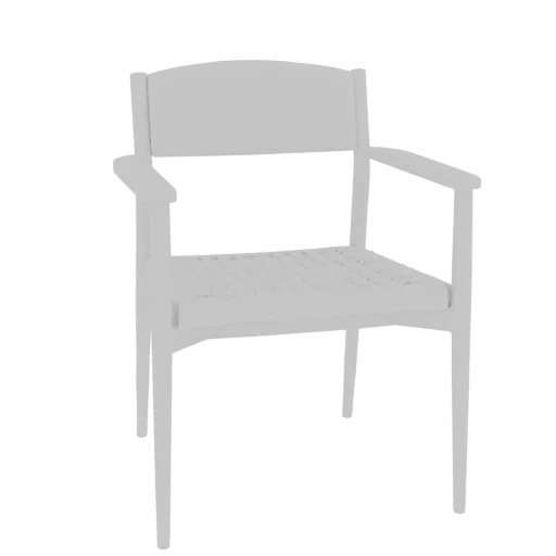 A 3D model render of a modern white armchair with a woven seat and clean, minimalist lines, set against a black background.