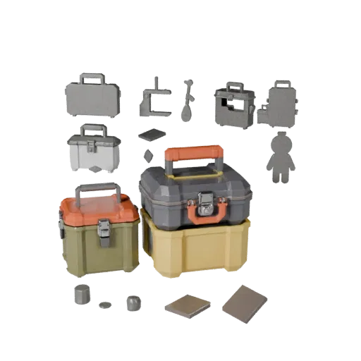 Travel Toolbox Low Poly 3D model, game viewport three-quarter view, showing plastic, usable openings.