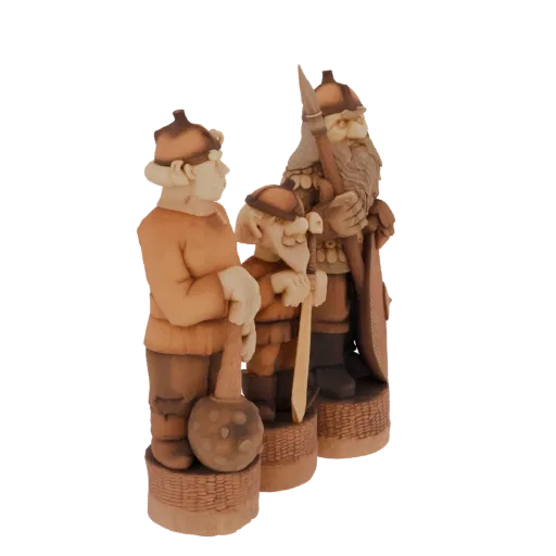 3D model of three Slavic Bogatyrs carved as wooden figurines, standing on basket-like bases, one holding a spear, another a m