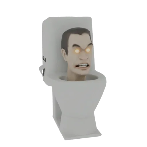 3D model of a scary human head with glowing eyes emerging from a white toilet bowl, rendered against a black background.