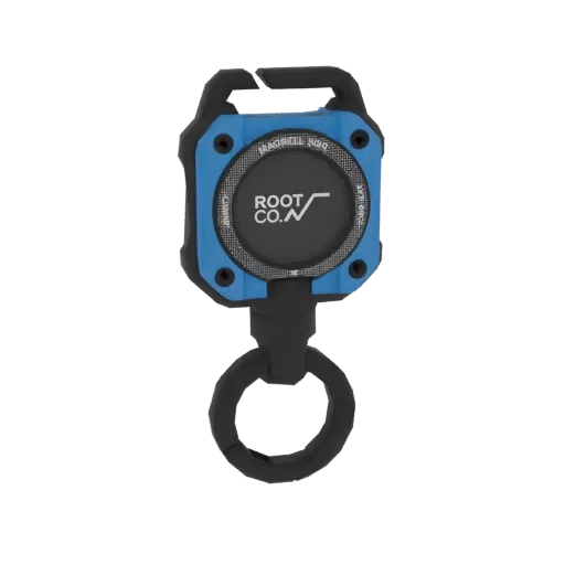 3D model of a blue ROOT CO. magnetic carabiner keychain with a black ring and circular logo.