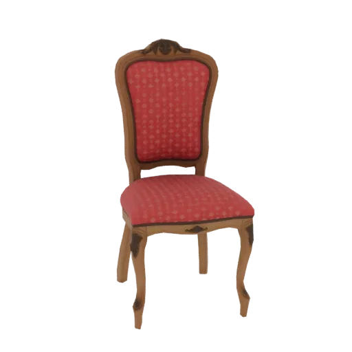 A 3D model of an antique 19th-century chair with a carved wooden frame and red patterned upholstery, presented on a white bac