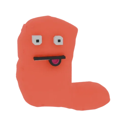 A 3D render of a goofy, orange blob character with pixelated eyes and its tongue sticking out, set against a black background