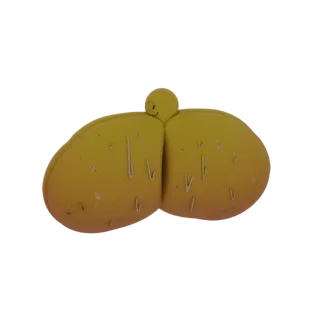 Un rendering 3D di un personaggio patata giallo, carino e antropomorfo con un semplice volto sorridente, su uno sfondo bianco