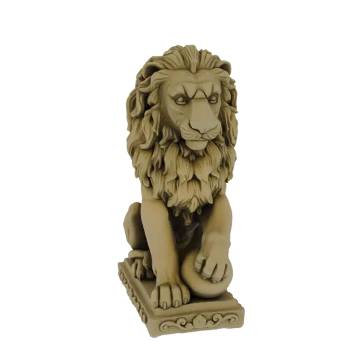 3D model render of a majestic lion statue, seated with a ball at its paw, on an ornate base, with a neutral stone-like textur