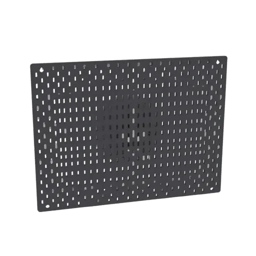 3D model of a dark gray perforated metal panel with a grid of small, elongated holes.