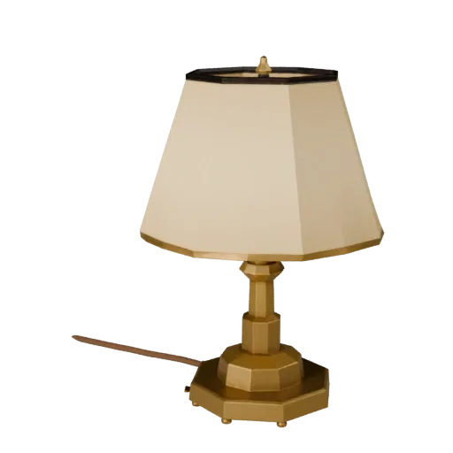Brass Table Lamp Low Poly 3D model, home interior, game viewport three-quarter view, metal detail.