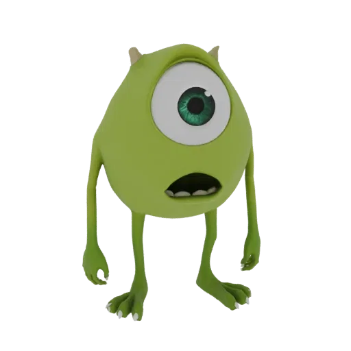 3D-Modell von Mike Wazowski aus Die Monster AG mit überraschtem Ausdruck, grüner Haut, einem großen Auge und offenem Mund.