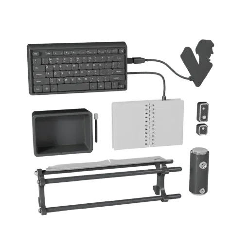 Startup Notebook 3D model, three-quarter front view, Unreal Engine viewport, showing plastic, desk-scale silhouettes.