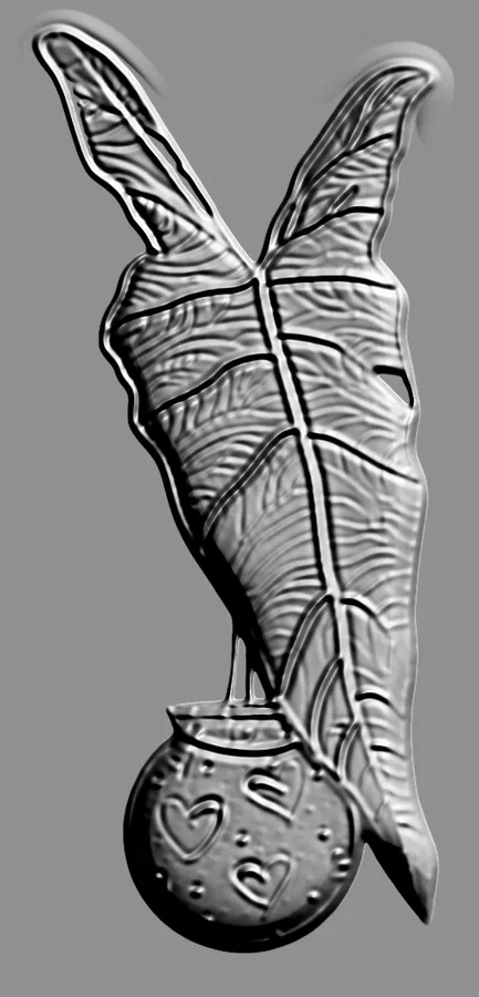 Modelo 3D de bajorrelieve con hojas exuberantes que crecen de una maceta decorada con un corazón.