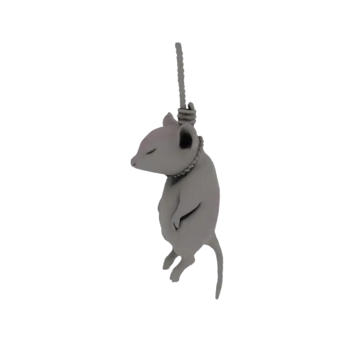 Ein 3D-Render einer kleinen, grauen Maus, die an einem Seil hängt, mit geschlossenen Augen.