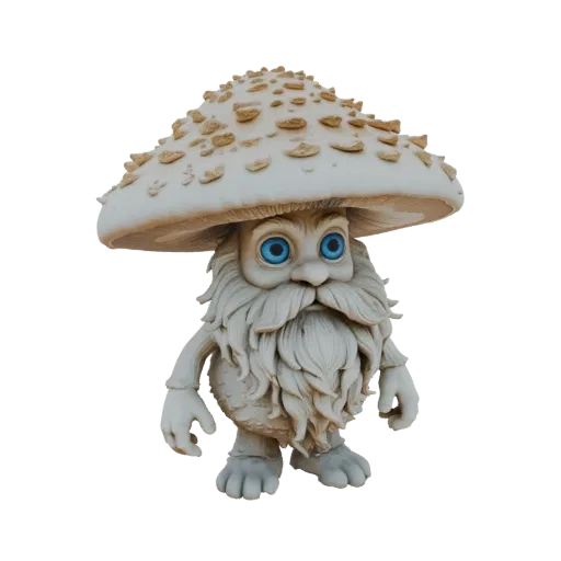 Modelo 3D de um gnomo cogumelo caprichoso com chapéu texturizado, olhos azuis e barba longa, em pé sobre um fundo branco.