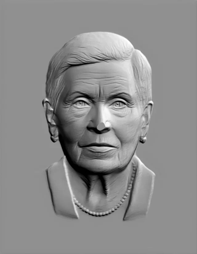 3D bas-relief of an elderly woman with a pearl necklace, in medallion style, with detailed facial and neck features.