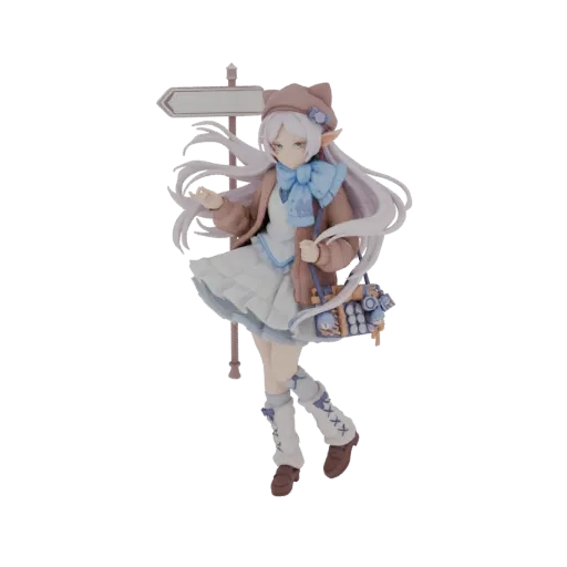 3D model of a fantasy elf girl with long white hair, wearing a brown jacket and blue scarf, standing next to a signpost.
