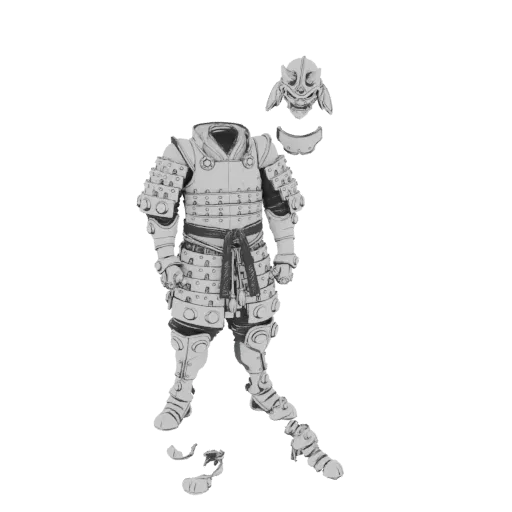 3D-Modell einer kompletten Samurai-Rüstung mit detaillierter Maske, präsentiert in neutralgrauem Material.