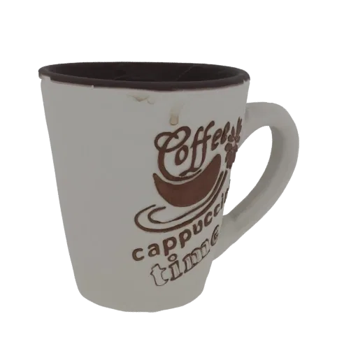 3D model of a white ceramic coffee mug with a brown 'Cappuccino Time' design, viewed from the side.