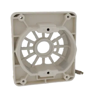 3D model of a square fan housing with an internal radial grille and four mounting holes, presented in an off-white color.