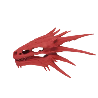 A detailed 3D model of a red dragon skull with sharp, prominent spikes extending from its head and a fearsome set of teeth.