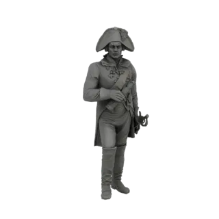 Render de modelo 3D de un severo comandante naval del siglo XVIII en uniforme, con sombrero bicornio y espada.