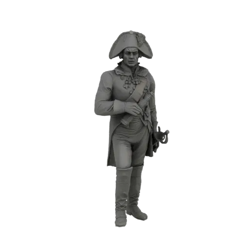 Render de modelo 3D de un severo comandante naval del siglo XVIII en uniforme, con sombrero bicornio y espada.
