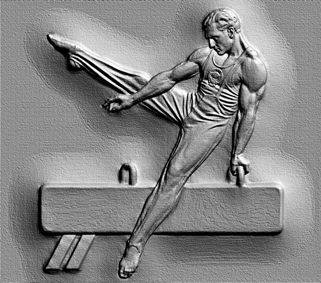 3D model of a bas-relief depicting a gymnast in an impressive pose on a pommel horse, with high muscle detail and relief text