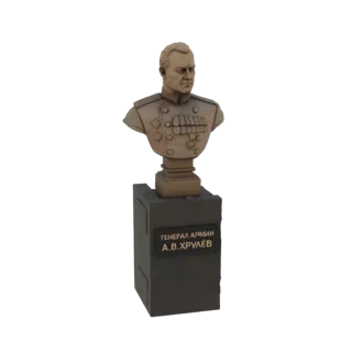 Modello 3D di un busto in bronzo del Generale A.V. Khrulev, con uniforme militare e medaglie, montato su un piedistallo scuro