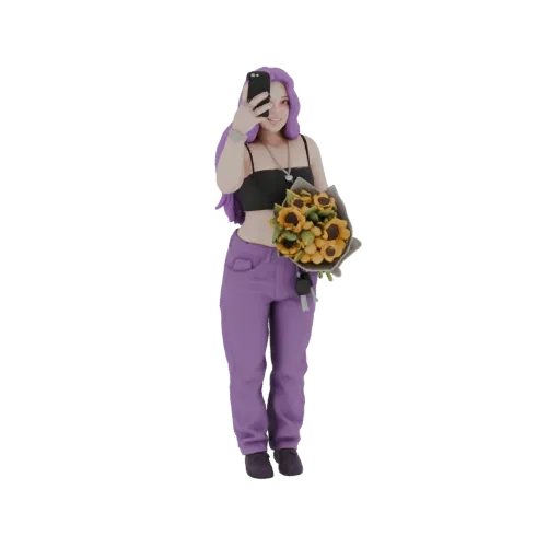 3D model of a young woman with purple hair taking a selfie with sunflowers, wearing a black crop top and purple pants.