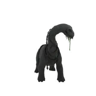 Un modelo 3D de un dinosaurio oscuro con textura de piedra, encadenado con pesados eslabones de metal, con baba verde goteand