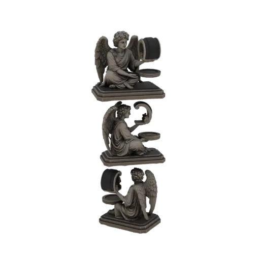 3D model of a stone-like angel kneeling and holding a censer designed as a candle holder, with wings spread.
