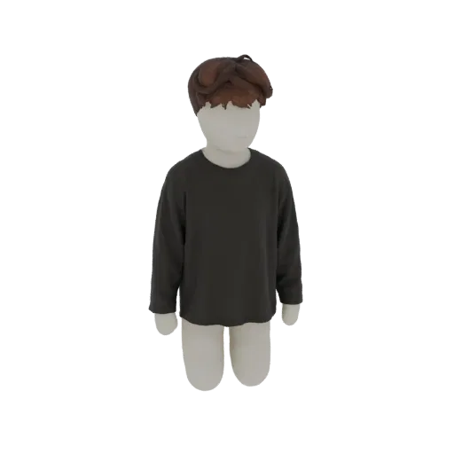 3D model of a child wearing a dark gray long-sleeve t-shirt, presented on a white background.