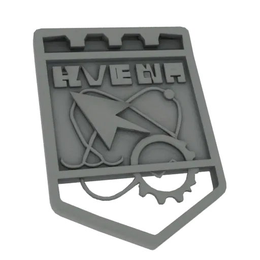 3D render of a grey Hyena emblem with the word 'HYENA' at the top, a cursor icon, and a gear at the bottom.