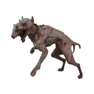 Un rendering 3D di un grottesco cane mutante a due teste con pelle pallida e dall'aspetto grezzo e denti aguzzi, che indossa