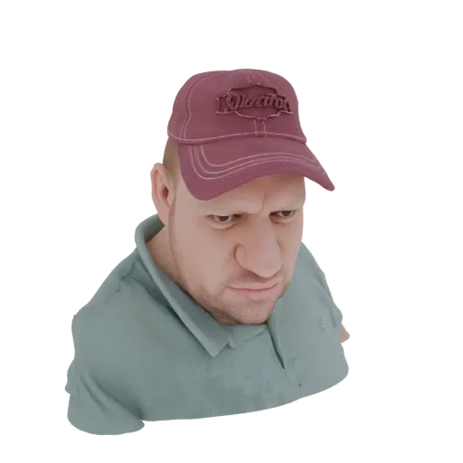 3D model of a grumpy man wearing a maroon baseball cap and a light blue collared shirt, looking downwards.