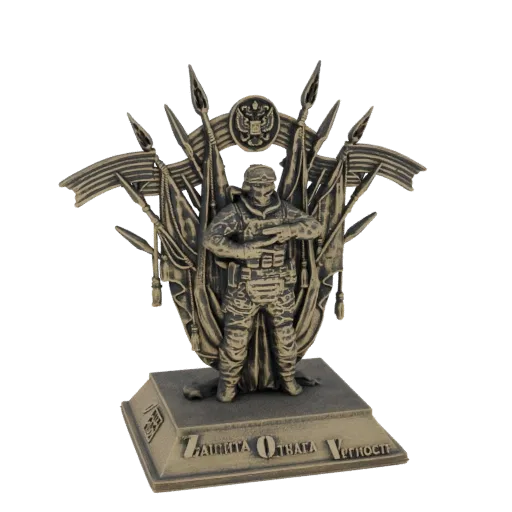 Modelo 3D de estátua em acabamento bronze de soldado em equipamento tático, entre bandeiras ornamentadas com emblema central.