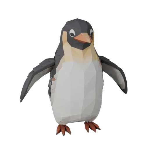 Low Poly Pinguin 3D-Modell, Gameplay-Seitenansicht, Low-Poly-Tier-Asset mit Schnabelprofil, geschichtetem Gefieder, Flügeldec