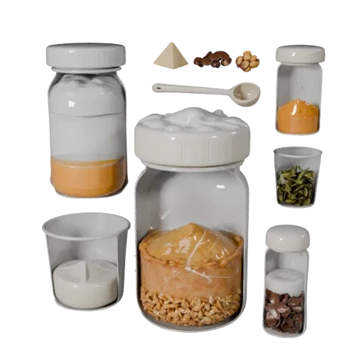 Spice Style Jars Product Viz 3D model, three-quarter studio product render, showing powders, small ingredient shapes.