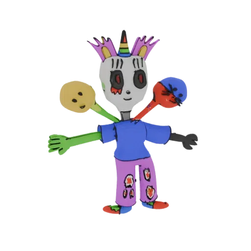 3D model of a creature with a unicorn skull head, multiple other heads, and colorful clothing, set against a black background